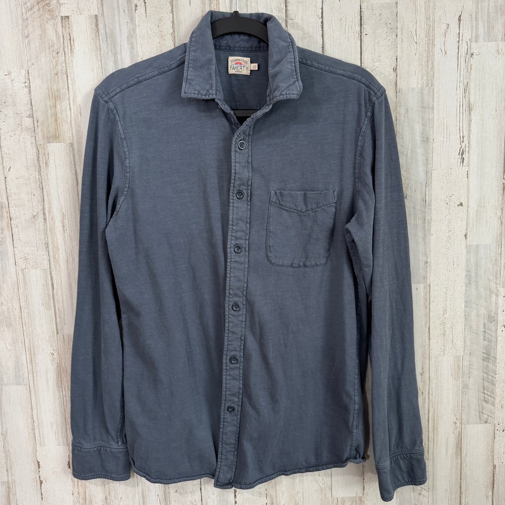 Faherty Sunwashed Knit Shirt Organic Cotton One Pocket Navy Men's M Button Up LS